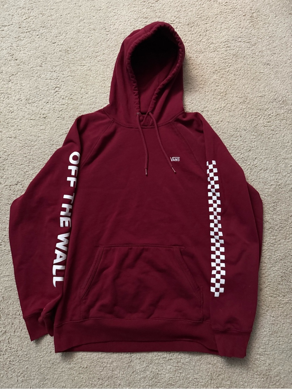 Vans Men's Maroon Crewneck Hoodie with White Checkerboard and Sleeve Logo